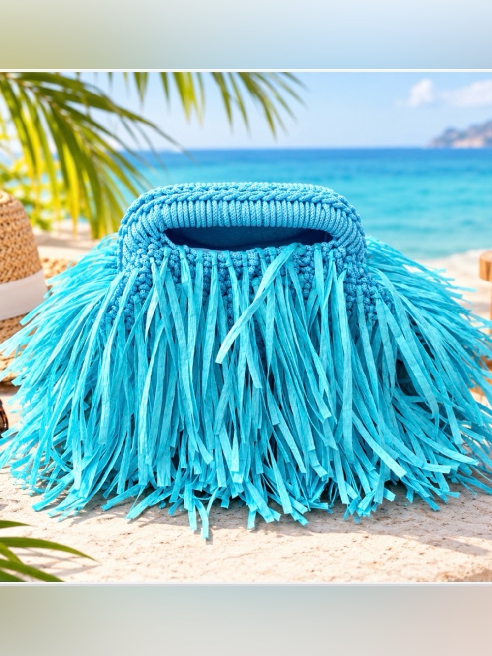 Blue Fringe Straw Tote - Beach-Ready Handbag